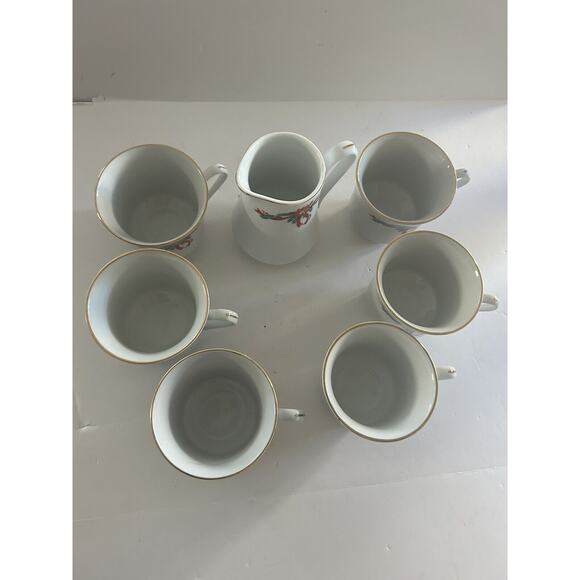 Poinsettia And Ribbons Fine China 6 Christmas Holidays Tea Cups and Creamer - Picture 4 of 15